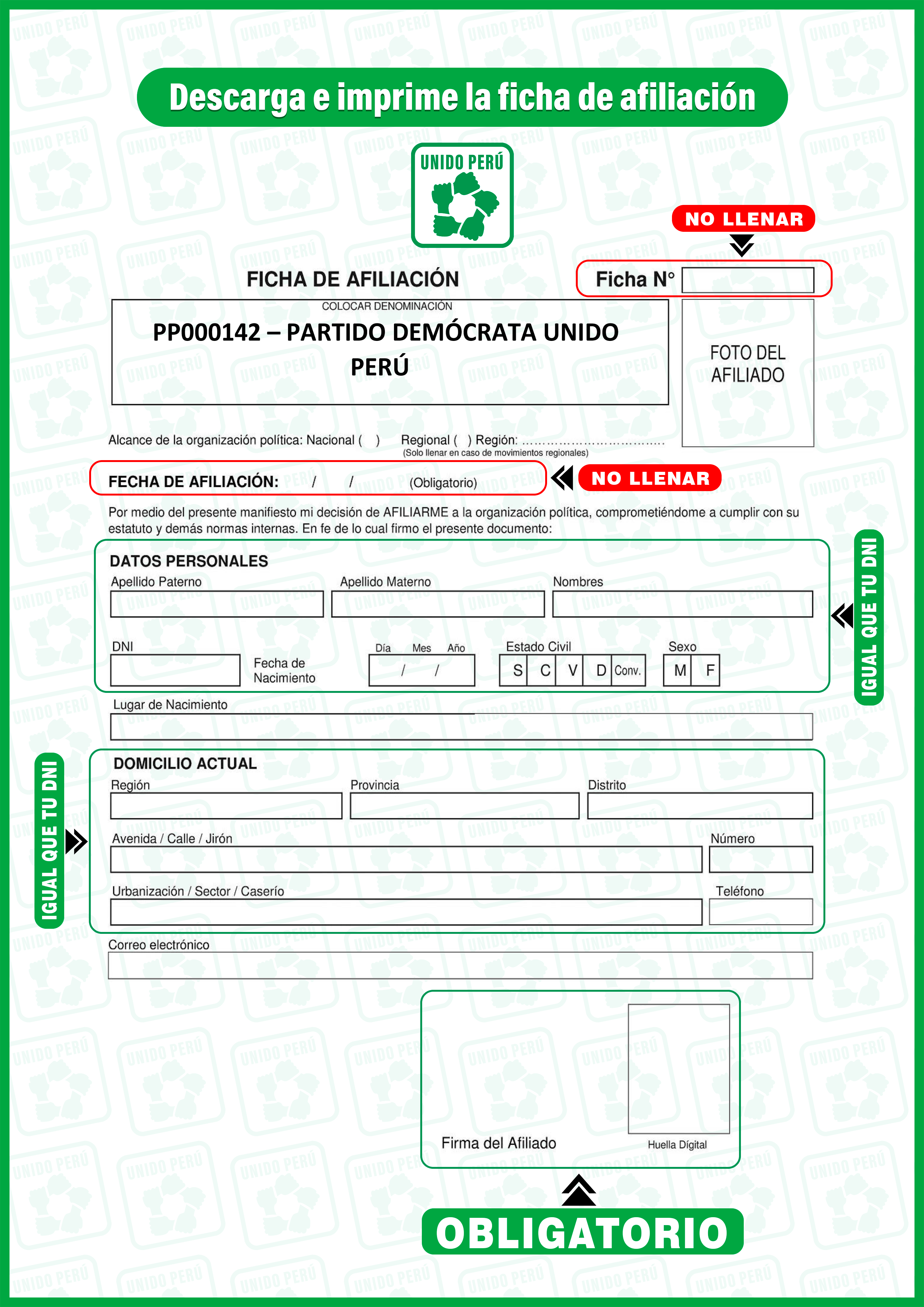 Flyer de Relleno de Ficha de Afiliación de Unido Perú